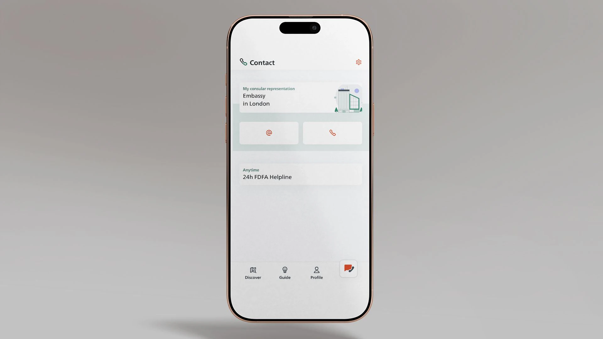 The image shows a smartphone on which the SwissInTouch app is open on the representation contact details page.